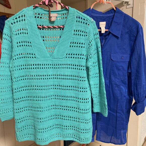 Chico’s Women’s Blouses Size 1 Med. Pullover Knit 3/4 Sleeve Blue Button Up Lot - Picture 1 of 12